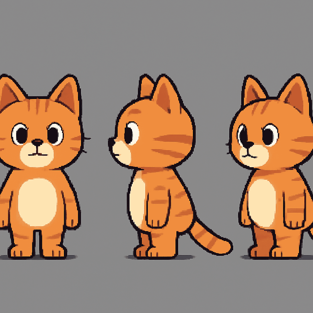 Three-view concept sheet showing a custom cat character from three angles