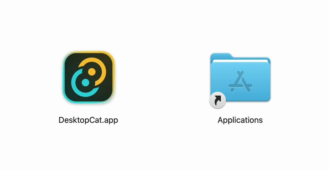 DesktopCat DMG window with DesktopCat.app on the left and the Applications shortcut on the right