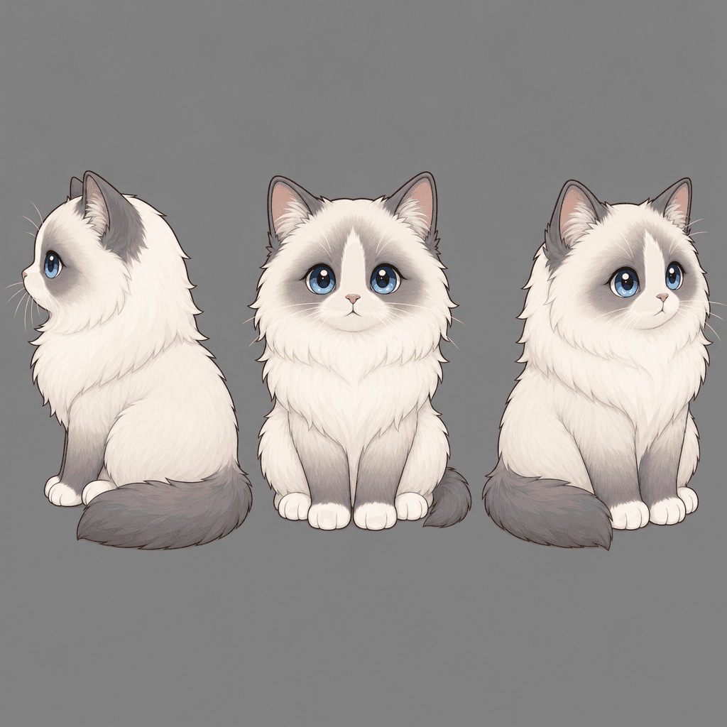 Three-view concept sheet showing a custom cat character from three angles